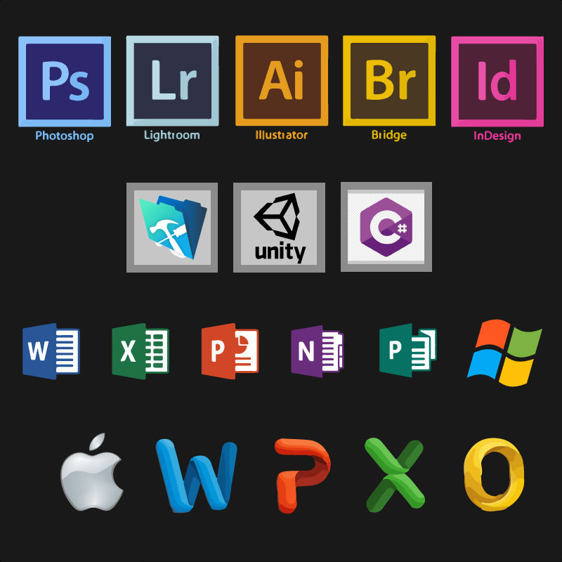 Adobe, Filemaker, Unity, C#, Microsoft, Mac, and Windows Icons